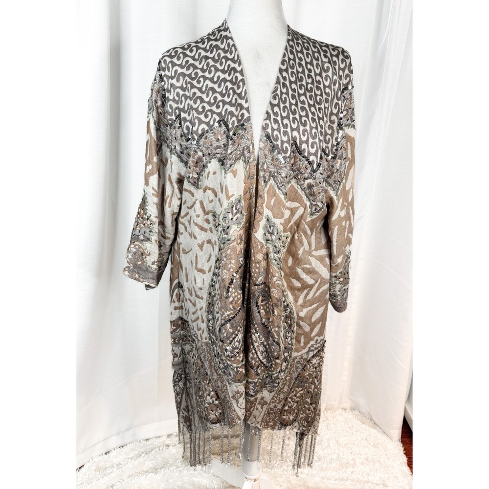 Soft Surroundings Chaucer Topper PLPXL Beaded Fringe Boho Kimono Cardigan EUC